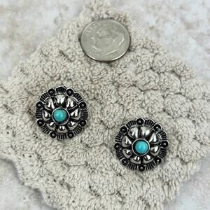 Silver Blue Turquoise Stone Concho Stud Earrings